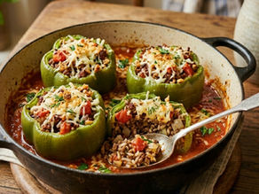 Stuffed green peppers with rice and meat topped with cheese in a skillet on a wooden table, garnished with herbs. Rustic setting.