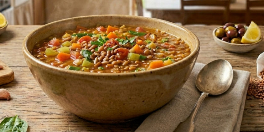 A steaming bowl of vegetable lentil soup on a rustic table with garlic, spinach, and bowls of olives, in a cozy dining setting.