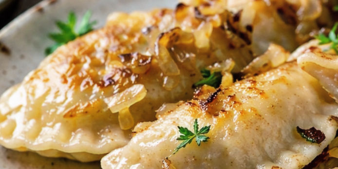 Golden-brown pierogi topped with caramelized onions on a plate, garnished with fresh herbs. Warm, appetizing cooked dish.