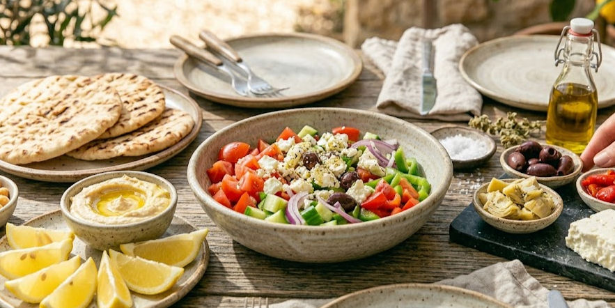 Mediterranean spread on rustic table with salad, flatbreads, hummus, lemons, olives and olive oil; hand reaching in.