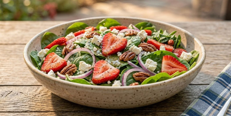 Strawberry spinach salad with fresh spinach, sliced strawberries, red onion, and feta cheese