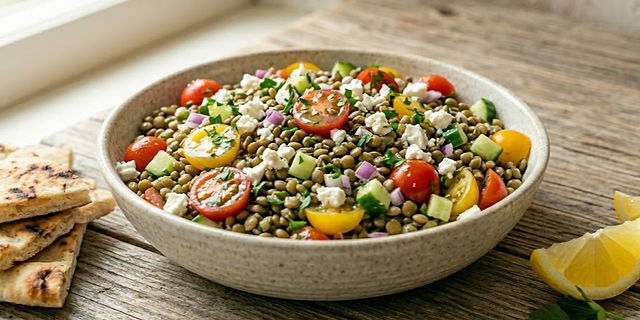 Mediterranean lentil salad with tomatoes, herbs, vegetables, and hearty lentils