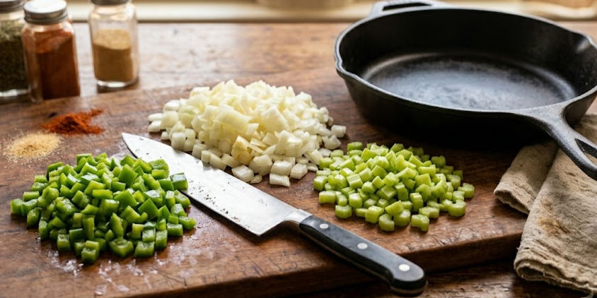 Chopped onions, green bell peppers, and celery on a wooden board with a knife and cast iron skillet, spices in jars in the background.