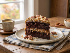 Layered German Chocolate Cake with coconut pecan frosting served on a rustic dessert plate.