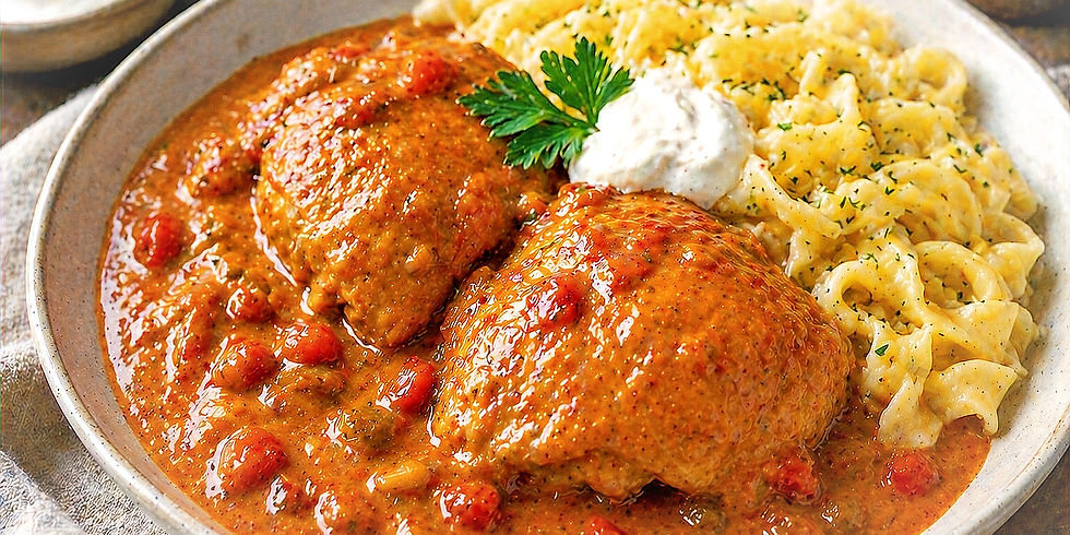 Creamy chicken paprikash with juicy chicken pieces in red sauce, served with buttery egg noodles garnished with parsley on a plate.