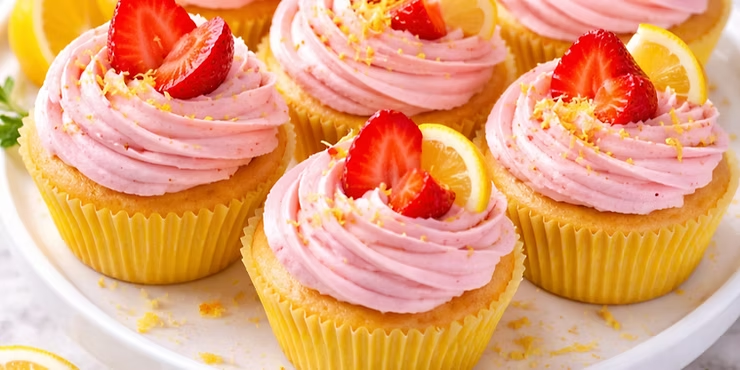 Cupcakes topped with pink frosting, strawberry slices, and lemon wedges on a white plate. Yellow wrappers create a cheerful vibe.