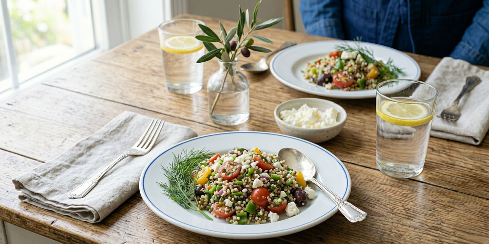 Two plates of colorful salad with cherry tomatoes and feta, on a wooden table with glasses of lemon water, cutlery, and a vase of olives.