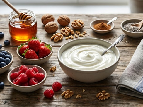 Bowl of plain Greek yogurt surrounded by fresh strawberries, blueberries, raspberries, walnuts, honey, cinnamon, and chia seeds on a rustic wooden table.