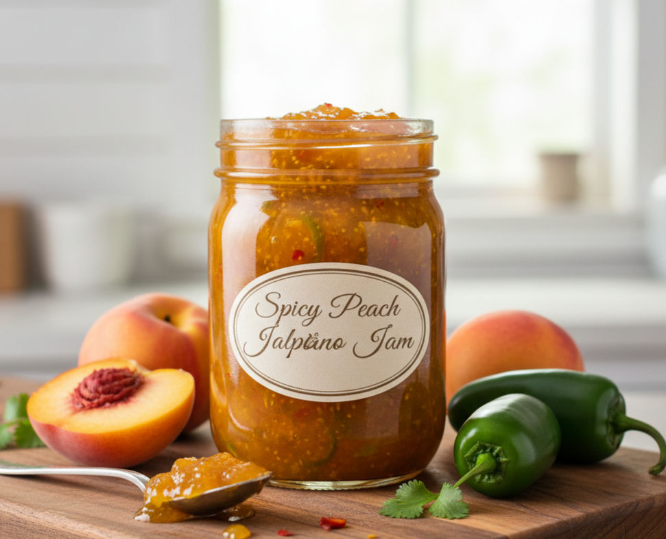 Jar of Spicy Peach Jalapeño Jam on wooden board with fresh peaches and jalapeños. A spoon with jam beside it in a bright kitchen.