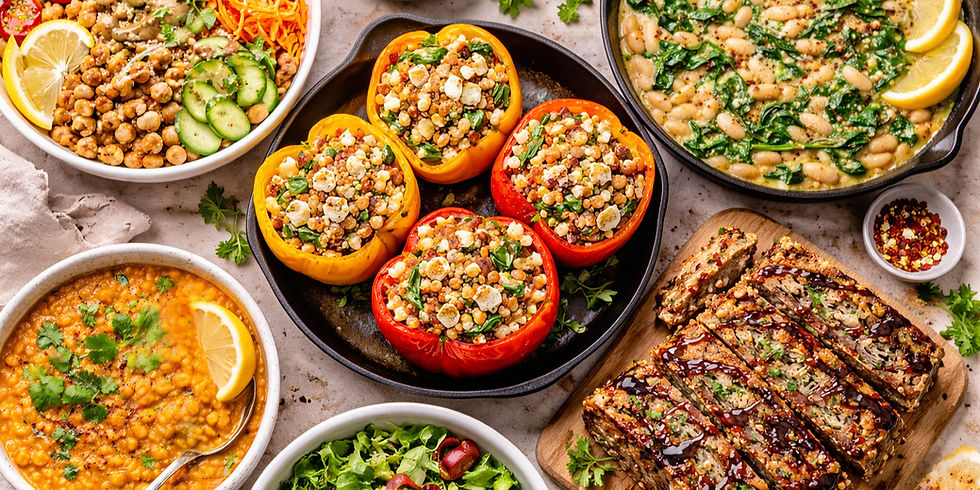 A vibrant spread of stuffed bell peppers, salads, hearty stews, and sliced loaf drizzled with sauce on a light countertop.