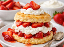 Homemade strawberry shortcake stacked with fluffy biscuits, fresh strawberries, and generous layers of whipped cream.