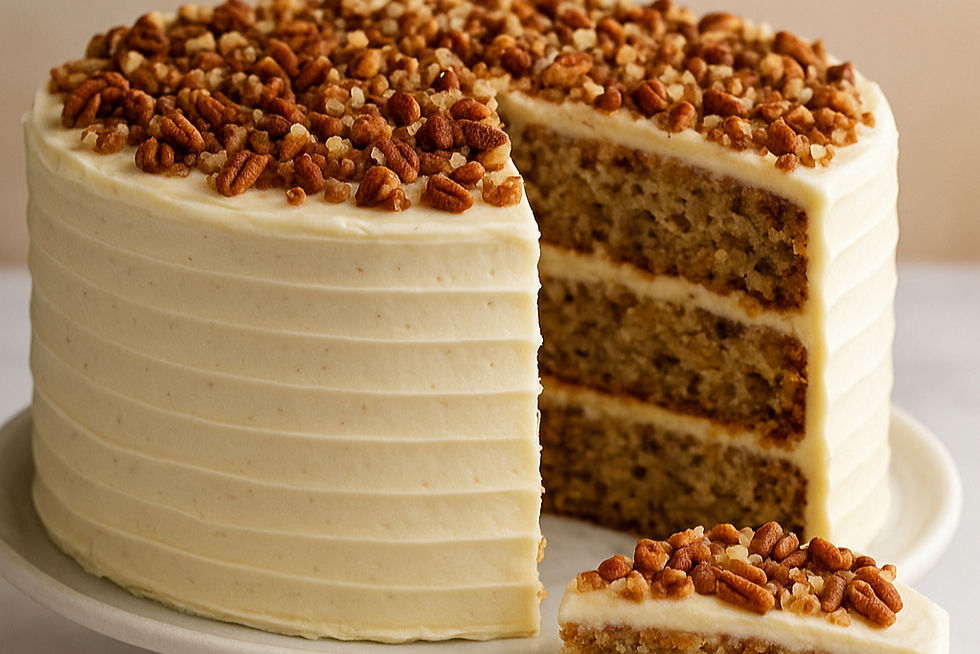 a three layered hummingbird cake with cream cheese frosting, topped with pecans, sitting on a cake plate