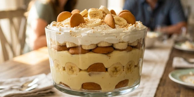 Layered banana pudding dessert in a glass bowl, topped with whipped cream and wafers, on a table with blurred diners behind it.