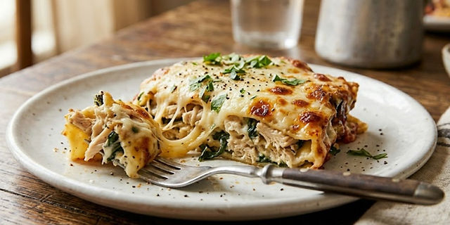 Creamy White Lasagna layered with tender chicken, spinach, and rich cheese sauce, topped with bubbling golden mozzarella and fresh parsley on a rustic dinner plate.