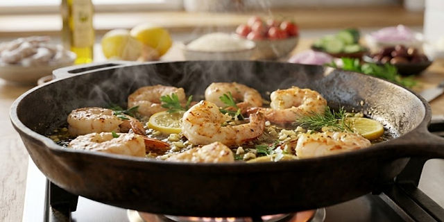 Garlic-lemon shrimp cooking in a skillet with fresh herbs and lemon slices, served over fluffy herbed rice.