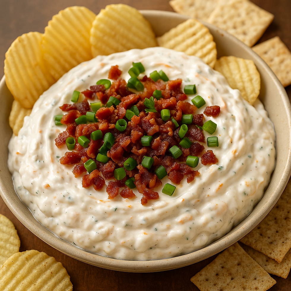 Bowl of creamy dip topped with bacon and green onions, surrounded by potato chips and crackers on a wooden surface.