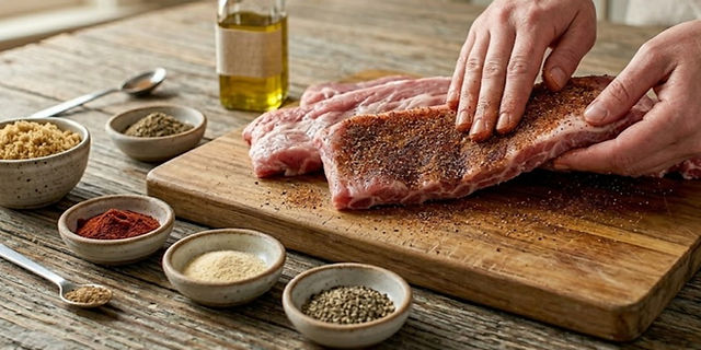 Hands rubbing a smoky spice blend onto raw country-style pork ribs on a wooden cutting board, with small bowls of seasonings arranged nearby.