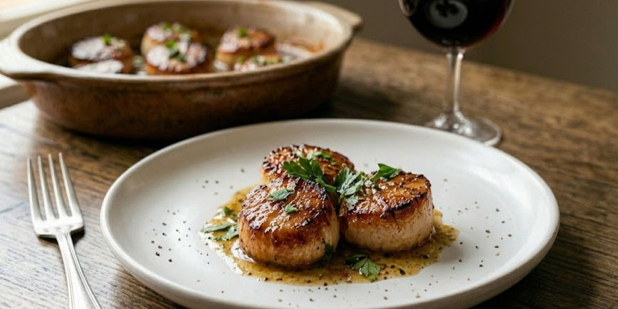 Seared scallops with herbs on a white plate, garnished with sauce. Background: more scallops in a dish, glass of red wine, wooden table.