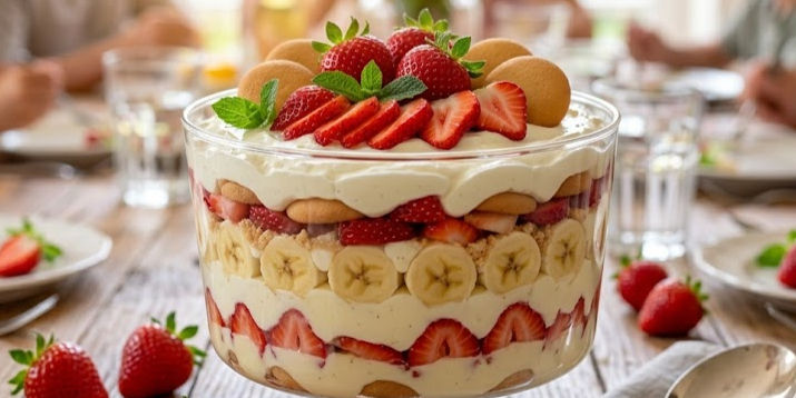 Layered strawberry and banana pudding in a glass bowl with mint, on a rustic table with a blurred dining setting.
