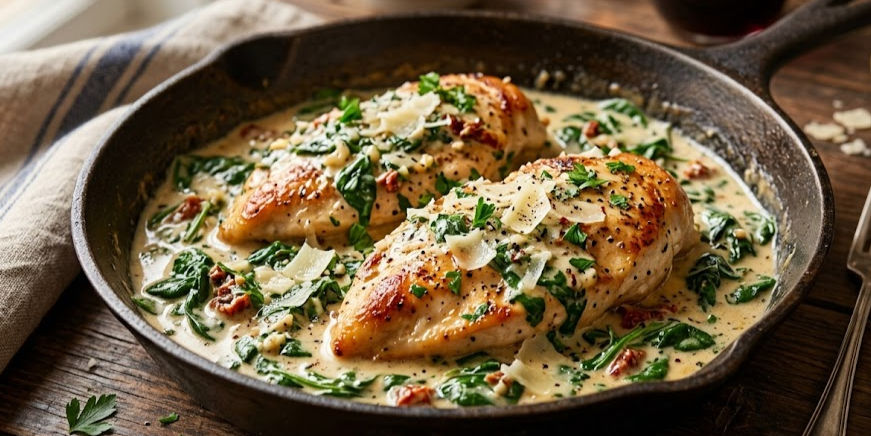 Creamy chicken with spinach in a skillet on a wooden table, garnished with herbs.