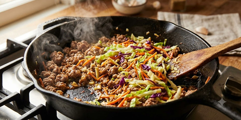 Ground pork, shredded cabbage, and carrots cooking together in a cast-iron skillet as garlic and ginger create a savory one-pan Keto Egg Roll in a Bowl.