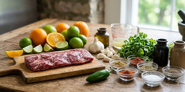 Fresh ingredients for homemade Carne Asada including flank steak, oranges, limes, garlic, cilantro, jalapeño, olive oil, and traditional Mexican spices arranged on a rustic wooden table.