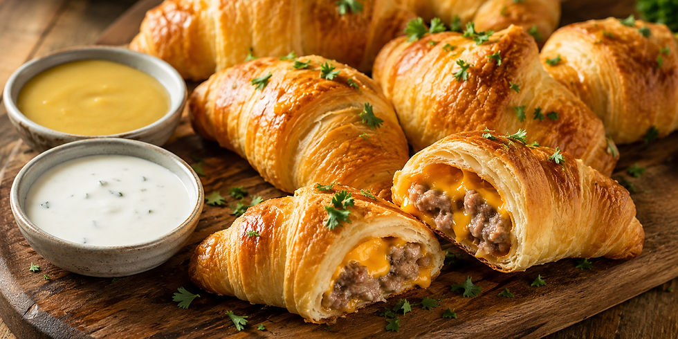 Cheesy crescent roll bites on a wooden board with dipping sauces, garnished with herbs, in a warm rustic kitchen setting.
