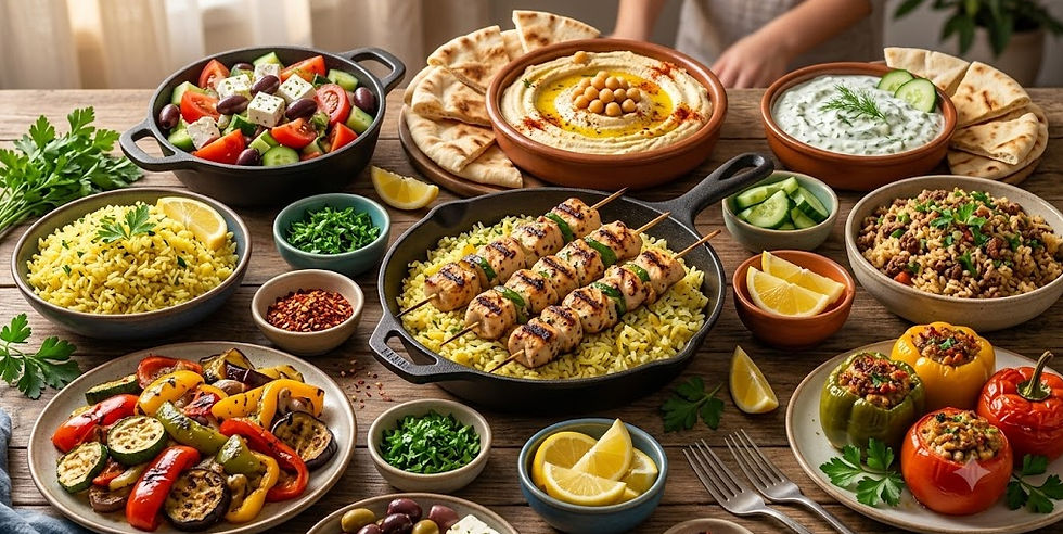 Family-style Mediterranean dinner spread with grilled chicken skewers, lemon rice, Greek salad, hummus, tzatziki, roasted vegetables, stuffed peppers, olives, feta cheese, and warm pita bread arranged on a rustic farmhouse table in a cozy Mediterranean-style kitchen.