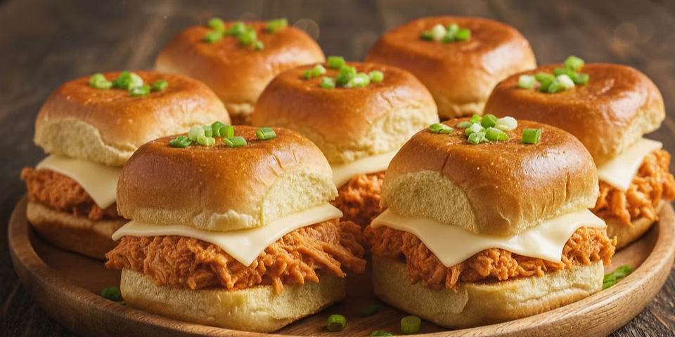 Buffalo Chicken Sliders made with shredded buffalo chicken, melted cheese, and soft Hawaiian rolls, garnished with sliced green onions on a rustic serving board.