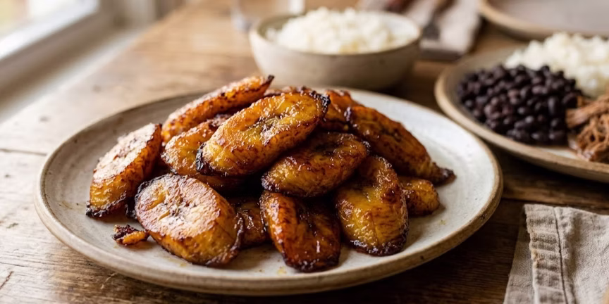 Golden fried sweet plantains (Plátanos Maduros Fritos) caramelized until tender and served on a rustic plate.