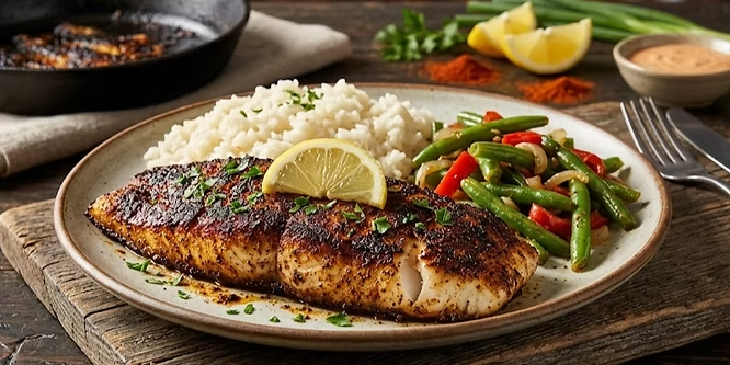 Grilled fish with lemon, white rice, and green beans with peppers on a rustic plate. Background includes lemon slices and seasoning.