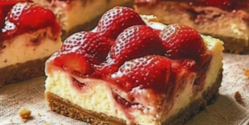 Creamy strawberry cheesecake bars topped with fresh strawberries and glossy strawberry sauce on a buttery crust.