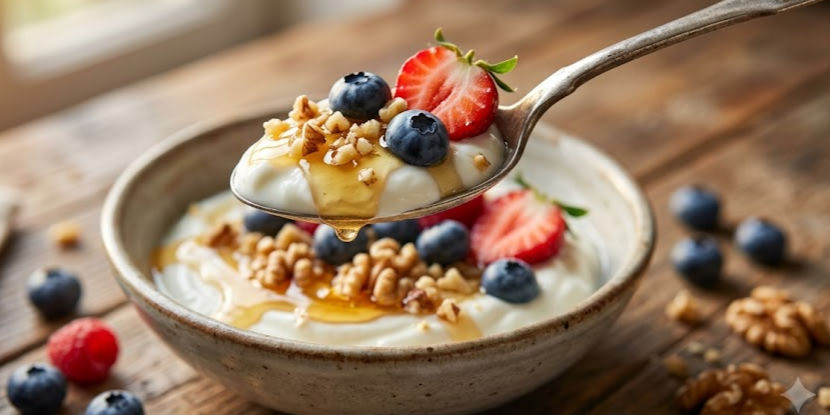 Spoonful of yogurt with honey, granola, strawberries and blueberries above a bowl on a rustic table.