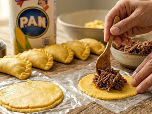 Shredded beef filling being spooned onto flattened circles of corn dough while several folded Venezuelan empanadas rest nearby, illustrating the shaping and filling process before frying.