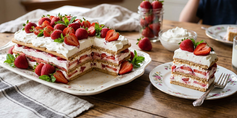 Layered strawberry cake with whipped cream and mint, on a wooden table. A slice is served on a floral plate beside a glass of milk.
