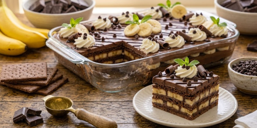 Chocolate Banana Icebox Cake in a glass dish with a slice on a plate, topped with whipped cream, bananas, and chocolate chips.