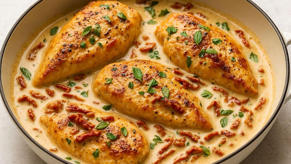 Golden chicken breasts in a creamy sauce with herbs and sun-dried tomatoes in a beige pan, creating a warm, appetizing scene.