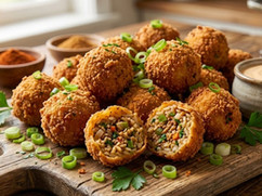 Crispy golden Cajun boudin balls served on a wooden board with one cut open to reveal the seasoned sausage and rice filling.