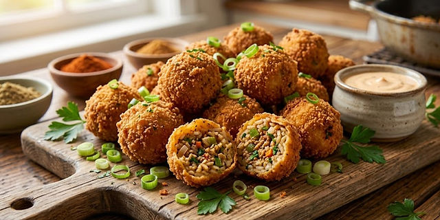 Crispy golden Cajun boudin balls served on a wooden board with one cut open to reveal the seasoned sausage and rice filling.