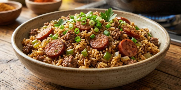 Bowl of Cajun Dirty Rice with sausage slices, ground meat, and green onions on a rustic wooden table, warm and hearty.