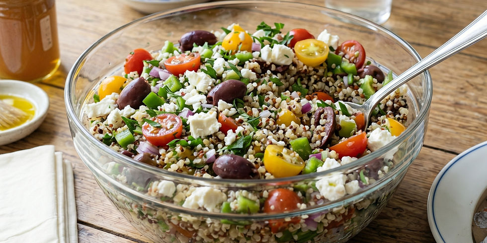 A glass bowl of colorful quinoa salad with cherry tomatoes, olives, feta, and parsley on a wooden table, next to a jar of honey and olive oil.