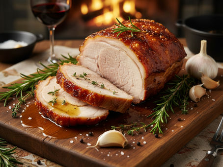 Roast pork with herbs on a wooden board, garlic cloves, rosemary, and salt. A glass of red wine and a warm fire create a cozy setting.