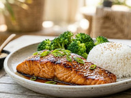 Glazed teriyaki salmon fillet served with steamed white rice and broccoli on a white plate, garnished with fresh herbs.