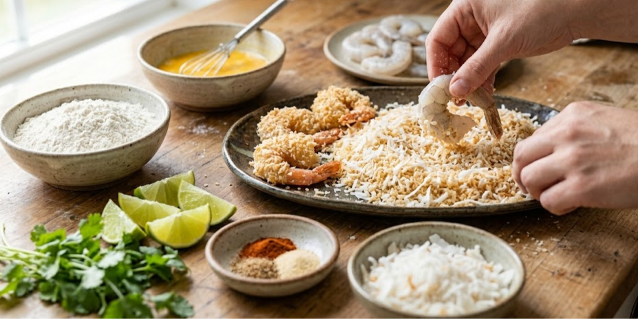 Hands bread shrimp on a wooden table beside bowls of flour, egg wash, rice, limes and herbs, readying a home-cooked meal.