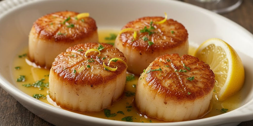 Seared scallops in a white dish, garnished with lemon zest and parsley, alongside lemon slices, set on a wooden table.