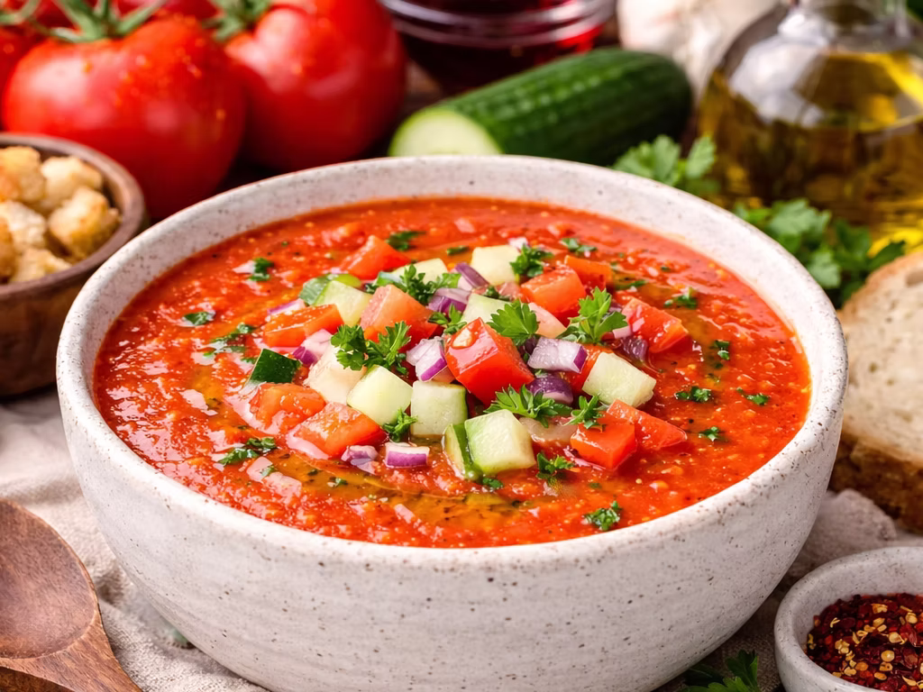 Chilled gazpacho soup topped with diced cucumber, tomatoes, onions, and fresh herbs in a rustic bowl.