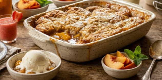 Peach cobbler in a baking dish on a rustic table, topped with a crumb crust and served with vanilla ice cream and peach slices.