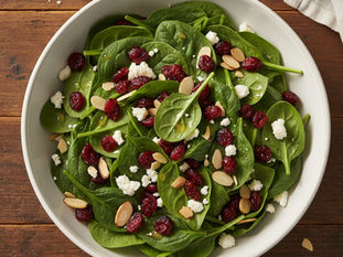 Spinach salad with almonds, dried cranberries, and feta in a white bowl on a wooden table. Vibrant greens and reds. Rustic