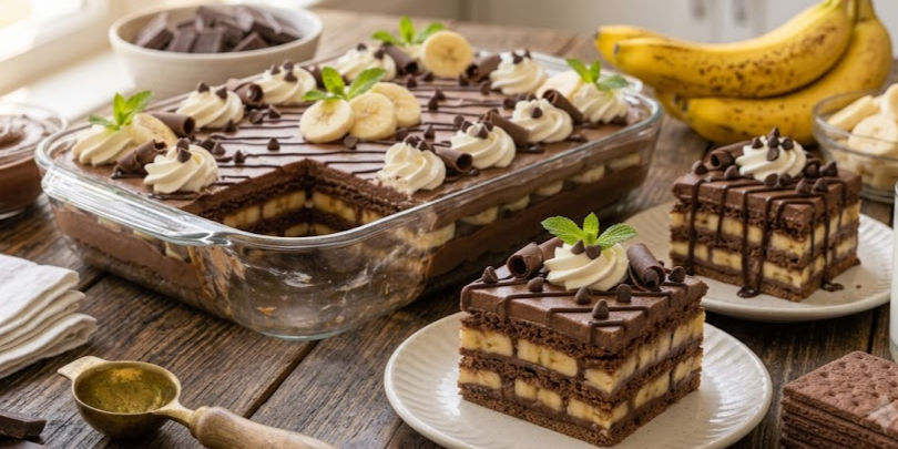 Chocolate banana icebox cake in a glass dish with plated slices, bananas, and whipped cream on a rustic wooden table.