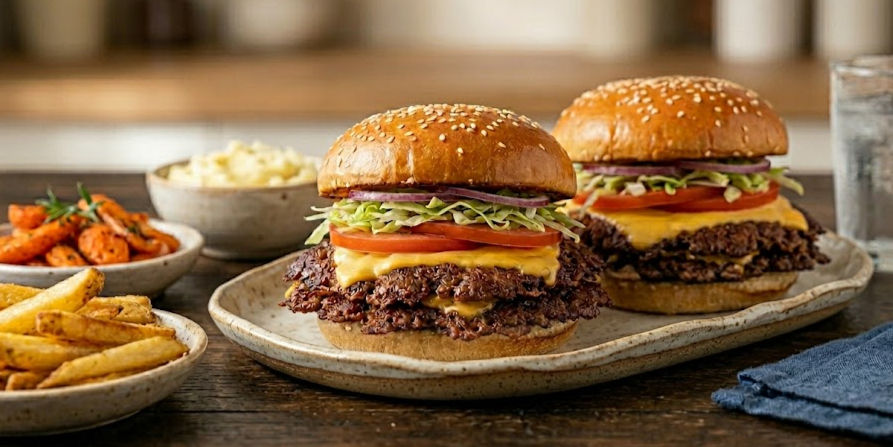 Two cheeseburgers with lettuce, tomato, and onions on sesame buns sit on a tray. Sides of fries, carrots, and mashed potatoes nearby.